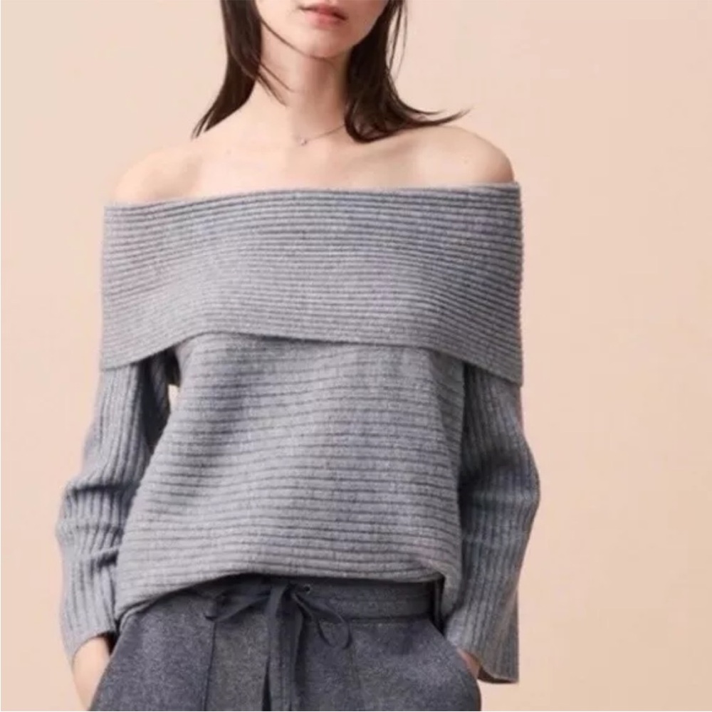 Lou & Grey Sweater Womens Size XS Gray Off Shoulder Ribbed Knit Stretch Wool
